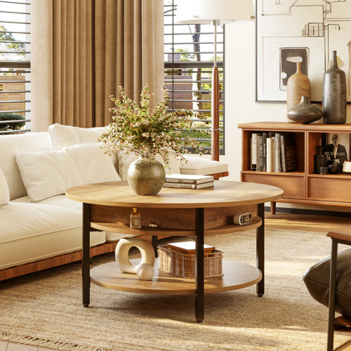 Wynny 27"W Round Lift-Top Wood Coffee Table with Storage